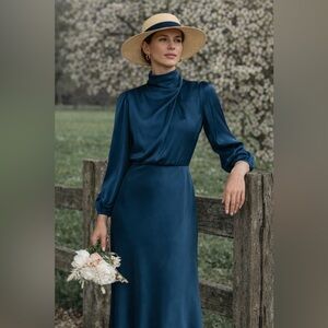 BTFBM Teal Midi Dress Long Sleeve Mock Neck | Elegant Spring Wedding Guest | L